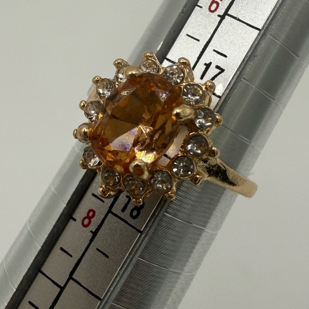 Gold-Tone Amber Halo Ring with Clear Accent Stones - Picture 4 of 9
